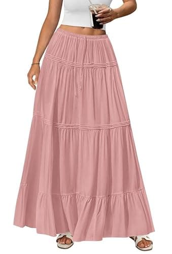 BTFBM Spring Skirts for Women 2026 Summer Boho Beach Vacation Clothes Casual Pleated High Waisted Flowy Maxi Skirt(Pink, Medium) - Image 1