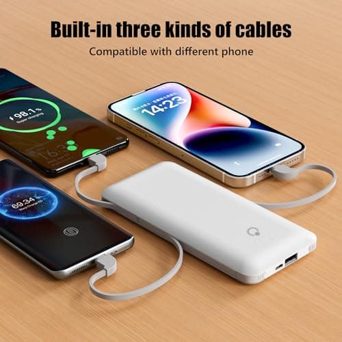 Brand Q Portable Charger with Built-in Cables and AC Wall Plug,Slim USB C Travel Essential Power Bank 10000mAh,External Battery Pack Compatible with iPhone,Samsung,Tablet and All Smart Phones - Thumbnail 2