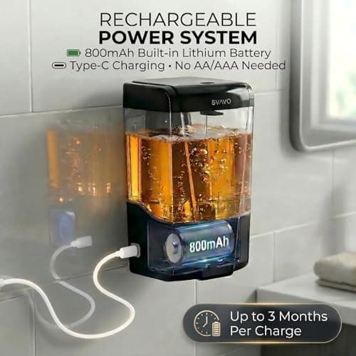 SVAVO Automatic Soap Dispenser Type-C Rechargeable - Wall Mount Hand Soap Dispenser for Restaurant, Kitchen & Bathroom, Electric Soap Pump for Office, 21 fl.oz for Liquid Soap, Black - Thumbnail 3
