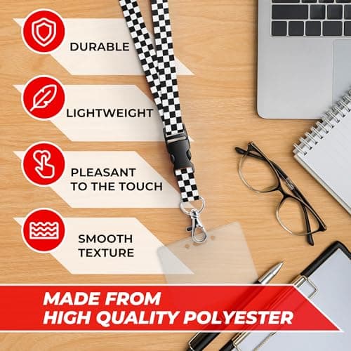 Black and White Checkered Lanyard - 17" x 0.8" Checkered Lanyards for ID Badges with Durable Polyester Strap & Detachable Stainless Steel Clasp - Lightweight Unisex Design Fits Keys, ID Cards & Passes - Thumbnail 3