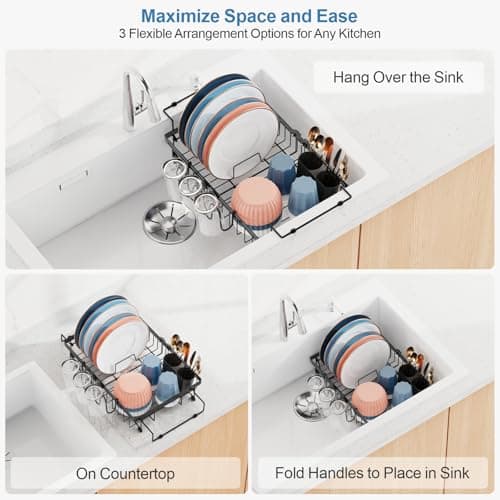 iSPECLE Expandable in Sink Dish Drying Rack with Cup Holder - Rust Resistant Adjustable Over The Sink Dish Drainer with Tightening Knob, Arms with Non Slip Rubber, Fits Sink 12.4"-17.1", Black - Thumbnail 3