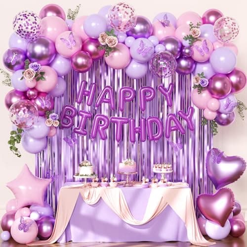 Purple Pink Birthday Decorations, Metallic Magenta Purple Lavender Balloons Confetti Foil Balloons Happy birthday Banner Butterfly Fringe Curtains Birthday Decorations for Women Teens Girls