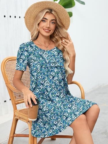 Heymoments Women's Short Sleeve Dress Floral Print Small Round Neck Casual Flowy Midi Sundress Comfy Tshirt Ladies Teachers Summer Beach Swing 2026 Novelty Dresses with Pockets - Thumbnail 3