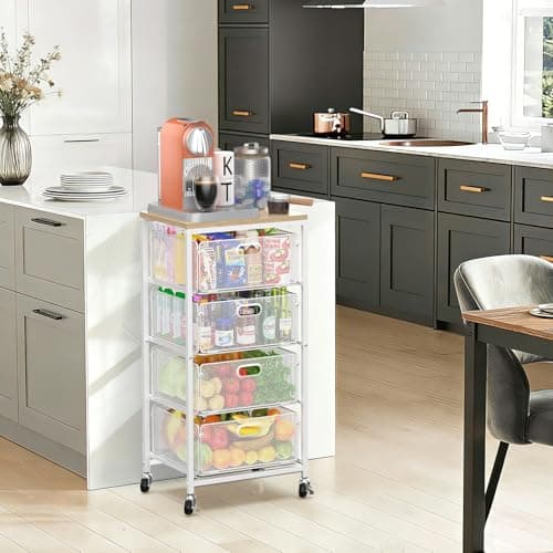 SUNALLY Rolling Kitchen Cart with Drawers, 4-Tier Utility Cart Fruit Vegetable Storage Cart with Lockable Wheels, Wooden Top Metal Kitchen Storage Organizer for Cans, Snacks, Beauty, Craft, Art, White - Thumbnail 5