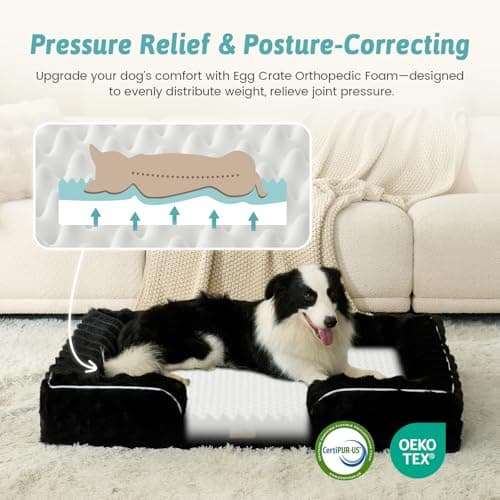 COZY KISS Orthopedic Dog Bed for Extra Large Dog 44x32 inch, XL Faux Fur Pet Sofa, Bolster Foam Bed with Sides, Non-Slip and Egg-Crate Big Dog Couch Bed with Washable Removable Cover, Black - Thumbnail 2