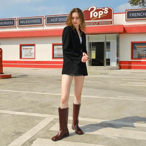 LeunDen Brown Banana Knee-High Boots for Women, Tall Riding Boots with Square Toe Low Chunky Heel Faux Leather Pull-On Campus Long Boots Size 10 - Thumbnail 3