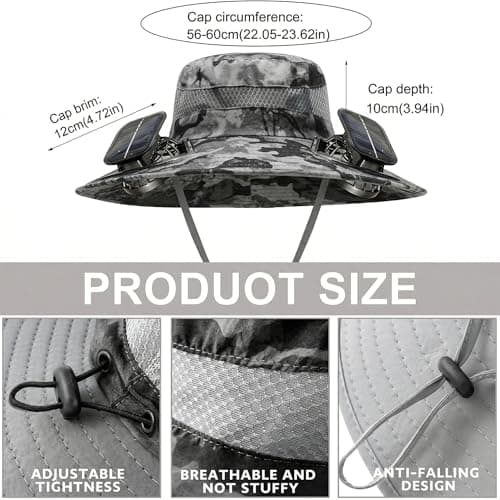 Outdoor Wide Brim Sun Hat with 2 Solar Powered Fan, Bucket Hat for Men Women, Fishing, Gardening & Beach Hat for Men, USB Charging, UPF 50+ Light Camouflage - Thumbnail 2