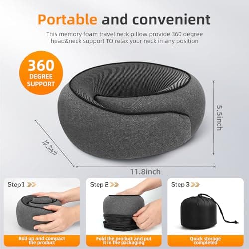 Travel Neck Pillows for Airplanes, Premium 100% Memory Foam Neck Pillow with Alternative Skin-Friendly Silk Cover - Upgrade Liner Enables Easy Pillowcase Cleaning, Travel Pillow Fits Plane, Car, Train - Thumbnail 2