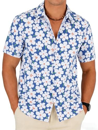 TIXMIE Mens Cotton Hawaiian Shirt - Casual Short Sleeve Button Down Shirts, Tropical Floral Shirt for Summer Beach Vacation Party Blue - Image 1