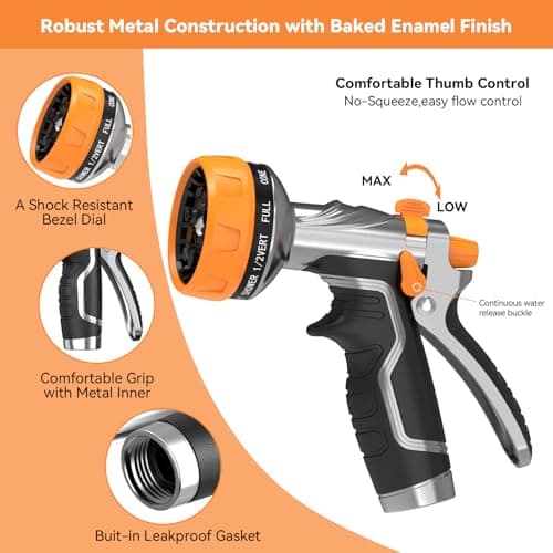 Garden Hose Nozzle, Heavy Duty Metal Water Hose Nozzle with 8 Adjustable Spray Patterns, High Pressure Hand Sprayer with Flow Control for for Garden Watering, Car & Pet Washing - Thumbnail 3