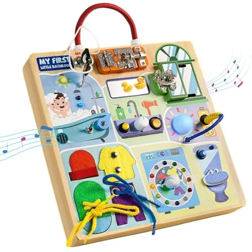 Teekdeer Busy Board Montessori Toys for Toddler 1-3 Year Old, Wooden Sensory Board with LED Light Switches,Bathroom Theme Travel Toys for 1+ Year Old Boy & Girl Birthday Gift - Image 1