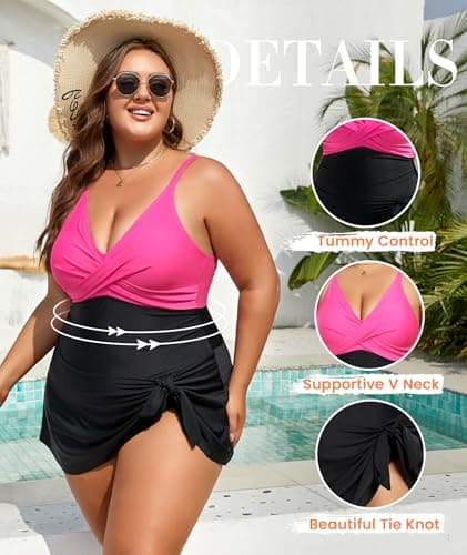 Women Plus Size Swim Dress Tummy Control One Piece Swimsuit Cute Tie Knot - Thumbnail 4