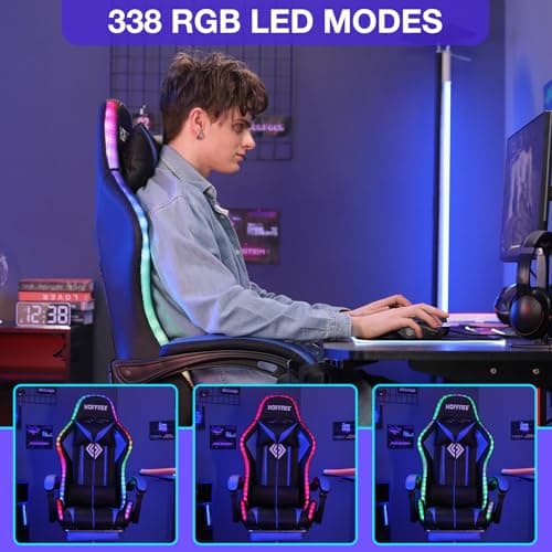 HOFFREE RGB Gaming Chair with Speakers Massage Computer Gaming Chair with LED Lights and Footrest High Back Video Game Chair for Adults Blue and Black - Thumbnail 5