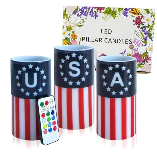 ONEIHOMM 4th of July Candles Battery Operated with Timer Remote Control, Patriotic Candles for American Independence Day Decorations,250th Anniversary American Flag LED Candles,6inch,3 Pcs - Image 1