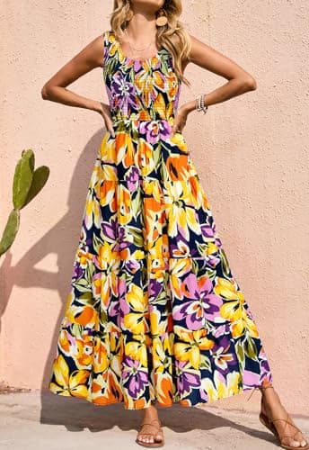 PRETTYGARDEN Floral Summer Dresses for Women 2026 Elegant Classy High Waisted Maxi Dress Sleeveless Smocked Tank Dresses (Navy Yellow Purple Flower, Medium) - Thumbnail 3
