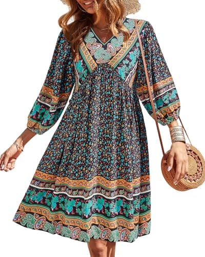 BTFBM Womens Summer Dresses 2026 Casual V Neck 3/4 Long Sleeve Ruffle Floral Flowy Boho Babydoll Mini Spring Beach Dress(Floral Black, Small) - Image 1