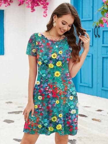 KORSIS T-Shirt Dress for Women Casual Summer Short Sleeve Floral S Dresses Swing Flowy Beach Vacation Sundress with Pockets - Thumbnail 4