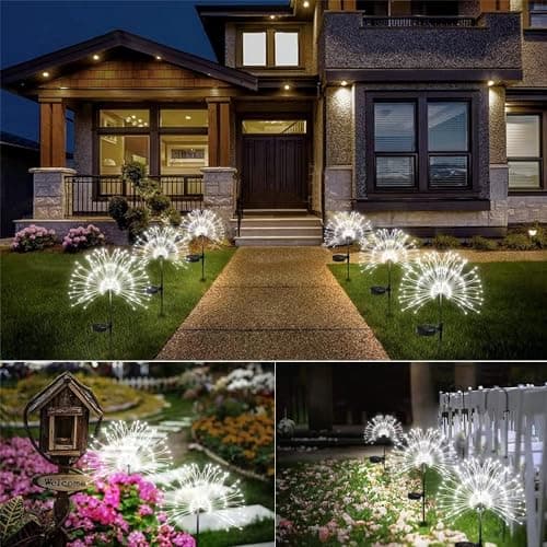 HFLYJPYW Solar Firework Lights 2Pcs Garden Lights Outdoor Waterproof, 120 LED with 8 Modes Twinkling and Steady-On, Festive daysStarburst Lights for Path, Patio, Yard (Cool White) - Thumbnail 6