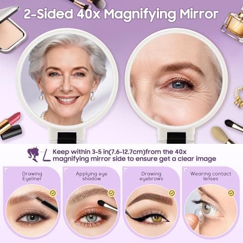 B Beauty Planet 40X Magnifying Mirror, Hand Mirror with Handle, Double Sided Hand Mirror with 40X/1X Magnification, Travel Essential Portable Foldable Makeup Mirror for Precision Makeup White - Thumbnail 2