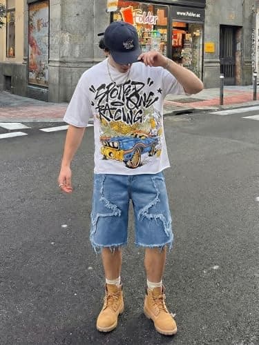 JMIERR Men's Baggy Jorts Loose Fit Wide Leg Comfy Y2K Hip Hop Streetwear Vintage Casual Star Denim Shorts with Pockets, Sail Blue, X-Large - Thumbnail 6