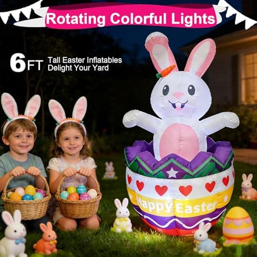 6FT Easter Inflatables Outdoor Decorations with Rotating Colorful Led Lights Inside Eggs,Up And Down Giant Inflatable Waterproof Bunny Blow Up Yard Decor Lawn Patio Lawn Party & Spring Holiday Display - Thumbnail 3