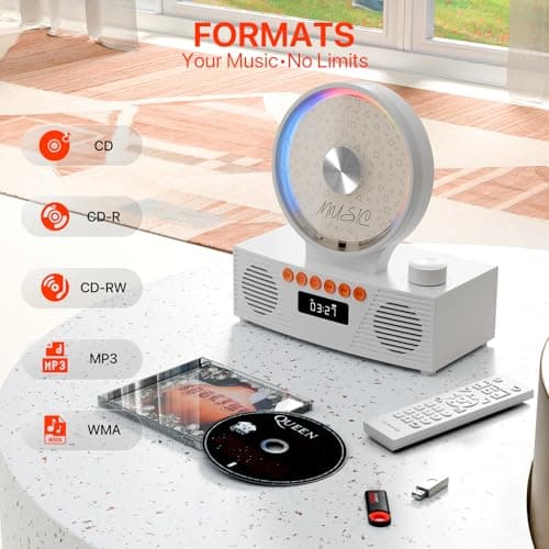 Retro Portable CD Player for Home Decor, CD Player with Speakers, Bluetooth/Battery/Remote, Desktop Vintage CD Players for Kids to Seniors, Combo with Radio/USB Driver/Stereo Sound/AUX/Timer - Thumbnail 3