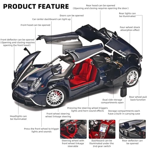 RZAPE Car Toys for Boys 1 18 Scale Diecast Cars Compatible for Pagani Huayra Dinastia Model Car Kits Collection,Metal Pull Back Cars with Light and Sound,Toy Cars for Boys Age 4-7（Blue） - Thumbnail 3