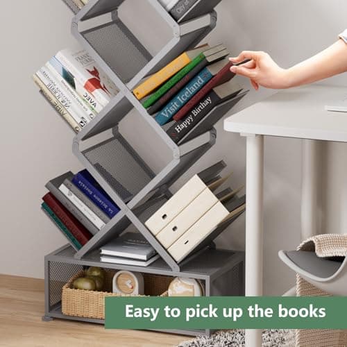 Gintan 9-Tier Modern Book Shelves with Storage, Bedroom Shelves Folding Bookshelves, No Installation Required Shelf Tree Bookcase for Living Room, Study, Home Office, Bed Room (Grey) - Thumbnail 5