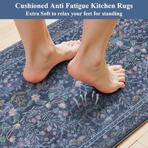 U'Artlines Double-Sided Kitchen Rugs Set of 2,Kitchen Anti Fatigue Mats Non Slip Padded Floor Standing Desk Mat,PVC Waterproof & Stain Resistant Carpet Blue Floral Rugs for Laundry Room Office Sink - Thumbnail 3