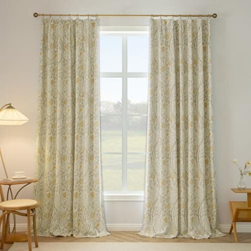 THREE GIRLS Pinch Pleated Blackout Curtains 95 Inches Long - Printed Flower Linen Blend Drapes, Thermal Insulated Double Layer, French Country Farmhouse for Living Room Bedroom, Back Tab Set 2 Panels - Thumbnail 4