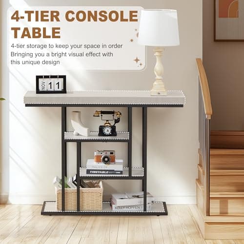 HABUTWAY 42" Industrial Console Table, Narrow 4-Tier Wood Entryway Table for Living Room, Accent Tables Living Room, Hallway Table, Sofa Table for Front Door, Hallway, Foyer, Rustic Grey - Thumbnail 6