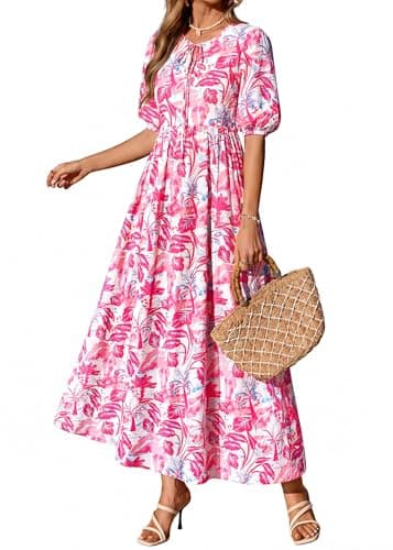 KIRUNDO Spring Dresses for Women 2026 Summer Wedding Guest Boho Floral 3/4 Sleeve Beach Vacation Cruise Flowy Maxi Dress(Red, Large) - Thumbnail 6