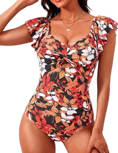 VIAURBE Women One Piece Swimsuits Tummy Control Bathing Suit Ruffle V Neck Swimwear Slimming Monokini Black Floral L - Image 1