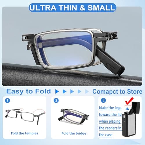 TOVEEN Compact Folding Reading Glasses for Men, Lightweight Ultra Thin Anti Blue Ray Readers with Durable Portable Case 3.5+ - Thumbnail 3