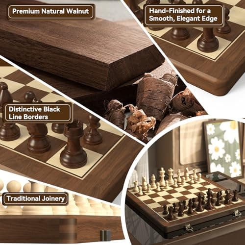 Premium Natural Walnut 15" Magnetic Wooden Folding Chess & Checkers Set- 2 in 1 Board Game with 3" King Staunton Pieces and 2 Extra Queens, Checkers, and Dust-Proof Storage Bag (Black) - Thumbnail 5