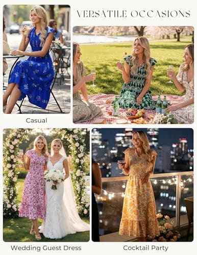 GRACE KARIN Casual Summer Dress for Women 2026 V-Neck Short Sleeve Smocked Midi Dress Yellow Floral XXL - Thumbnail 5