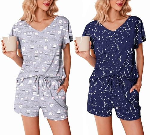 Ekouaer 2 Pack Women's Pajamas Set Soft Ruffle Sleeve Pjs Set Casual V Neck Lounge Set with Pockets,Coffee Cup/Constellation,Small - Image 1