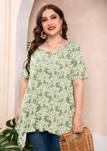 AusLook Plus Size Tops for Women Tunic Clothes Short Sleeve Green Roses Summer 1X Blouse Swing Tee Crewneck Clothing Flowy Shirts for Leggings - Thumbnail 2