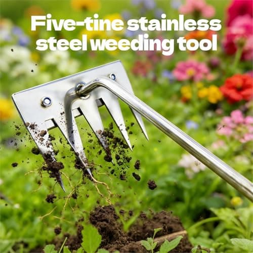 Weed Puller Tool - 2026 Portable Manual Weeding Tools Gardening, 5 Teeth Head Stainless Steel Hand Garden Weeding Rake, Weed Remover Tool for Vegetable Gardening Yard Backyard Farm Planting & Weeding - Thumbnail 2