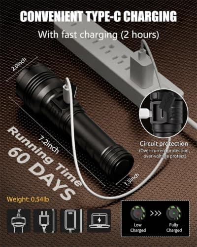 SKYFIRE Super Bright Tactical Flashlight Rechargeable High Lumens 10000 Capacity LED Flashlights with Ignition Lens 5 Modes Zoomable Waterproof Powerful Flash Light Camping Emergency Gift College Kit - Thumbnail 2