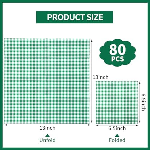 NatNarr 80 Pcs Gingham Napkins, 6.5X6.5 Inch St Patricks Day Napkins Disposable Green and White Checkered Napkin for St Patrick's Day, Golf Party, Picnic - Thumbnail 2