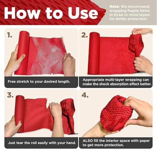 Honeycomb Packing Paper, 12"x300' Red | Perforated Honeycomb Packing Paper Recyclable Moving Supplies for Shipping & Moving | Plastic-Free Alternative to Bubble Cushion Wrap with 36 Fragile Stickers - Thumbnail 6