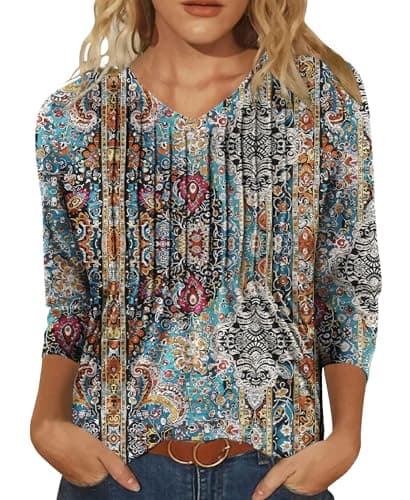 IEEILULU 3/4 Length Sleeve Womens Tops V Neck T Shirts Casual Pleated Tunic for Women Fashion Loose Blouses Boho L - Image 1