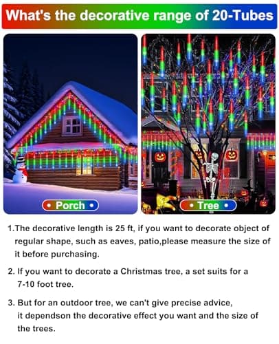 EAGWELL Meteor Shower Lights UL Certified 1080 LEDs 20 Tubes Falling Rain Drop Ramadan Lights Cascading Lights for Xmas Tree Halloween Decorations Wedding Party Holiday Garden Decor, Multicolor - Thumbnail 3