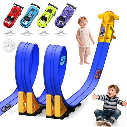 Flex Race Track 16 Ft with Start Gate Accessories Compatible with Diecast 1/64th Cars, Flexible Car Track Toys for Ages 3+ Kids Toddlers Roll Out Portable Racetrack (Blue)