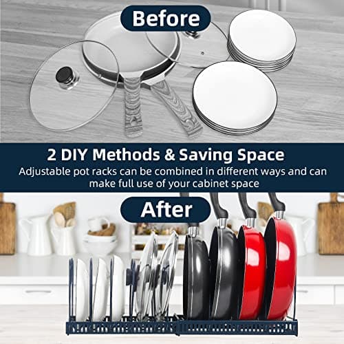 ROOHUA Expandable Pot and Pan Organizer - Cabinet Pot Lid Holder with 10 Adjustable Compartments for Cookware, Baking, Frying (Dark Blue, 10) - Thumbnail 2