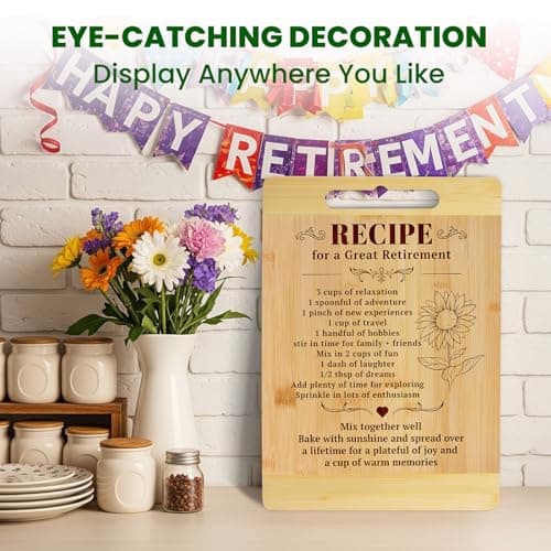 Kikcoin Retirement Gifts for Women 2026 - Bamboo Cutting Boards Leaving Gifts for Colleagues, Coworker, Friend, Teacher, Parents, Family, Retirement Party Decoration, Recipe for Great Retirement - Thumbnail 5