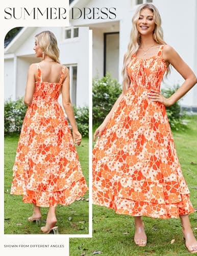 GRACE KARIN Women's 2025 Summer Floral Boho Dress Square Neck Strapped Swing A Line Sundress Beach Long Maxi OutfitsOrange L - Thumbnail 2