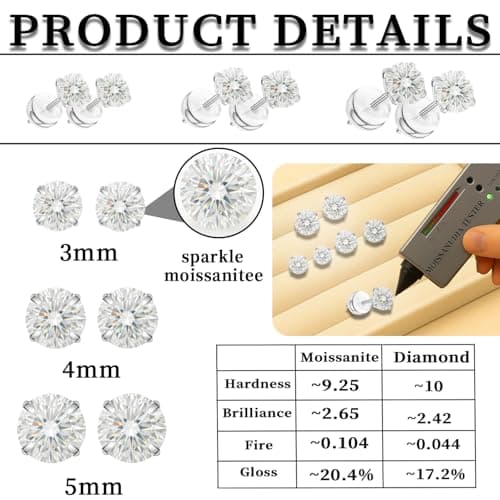 3 Pairs Moissanite Stud Earrings in White Gold Plated Titanium | HypoAllergenic Earrings for Women & Men (Silver 3/4/5mm) - Thumbnail 3