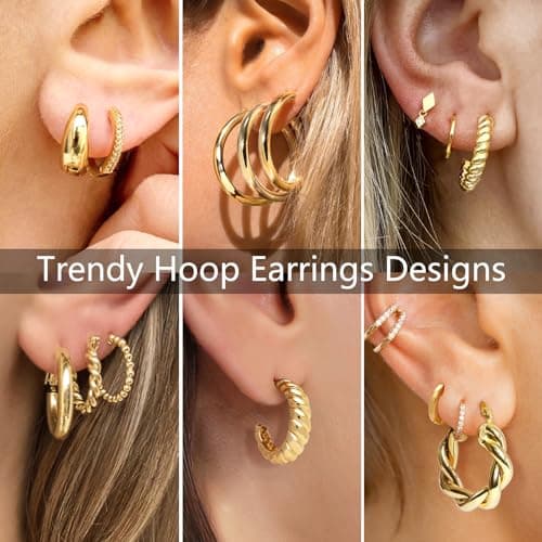 Adoyi Gold Hoop Earrings Set for Women Girls Trendy 14K Plated Gold Hoops Small Chunky Earrings Twisted Huggie Ear ring Pack Lightweight 9 Pairs Jewelry Set for Valentines Mother's Day Birthday Gifts - Thumbnail 4